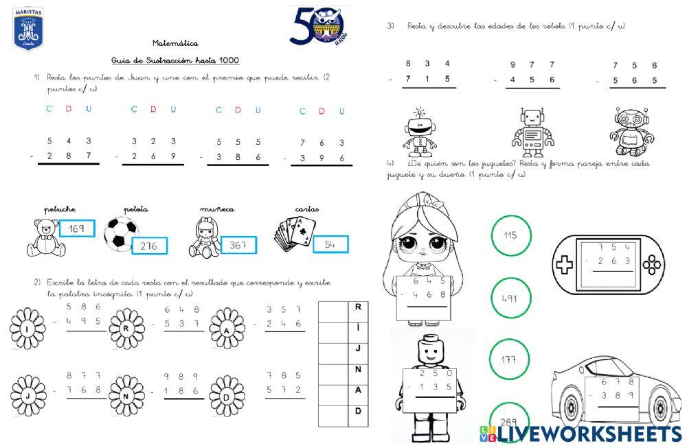 Guía de sustracción hasta 1000