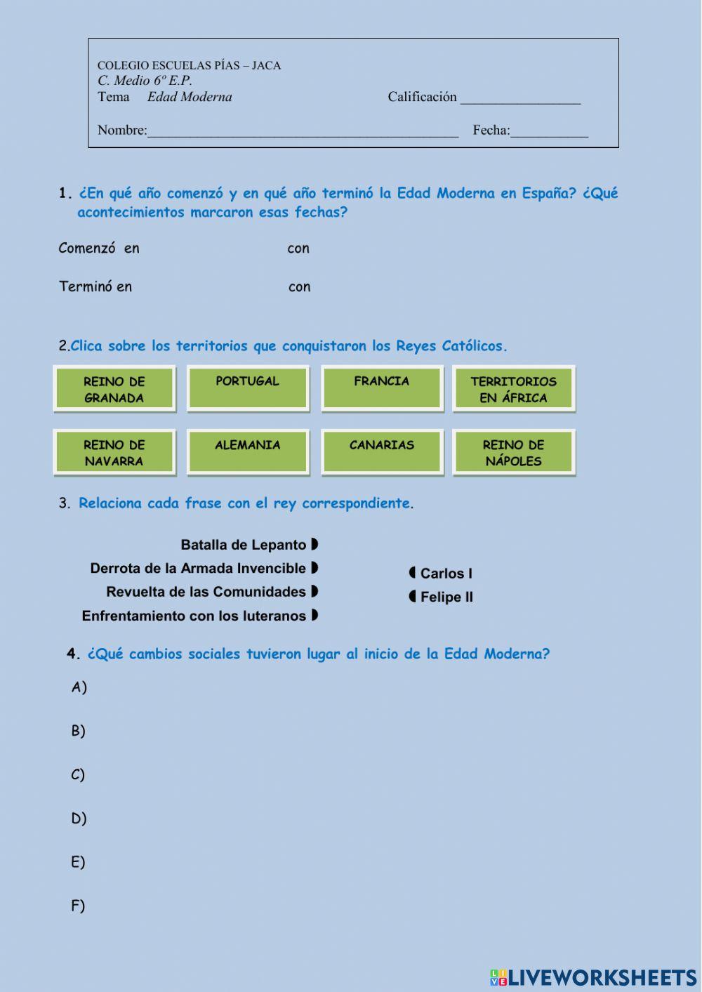 Edad moderna. prueba evaluación