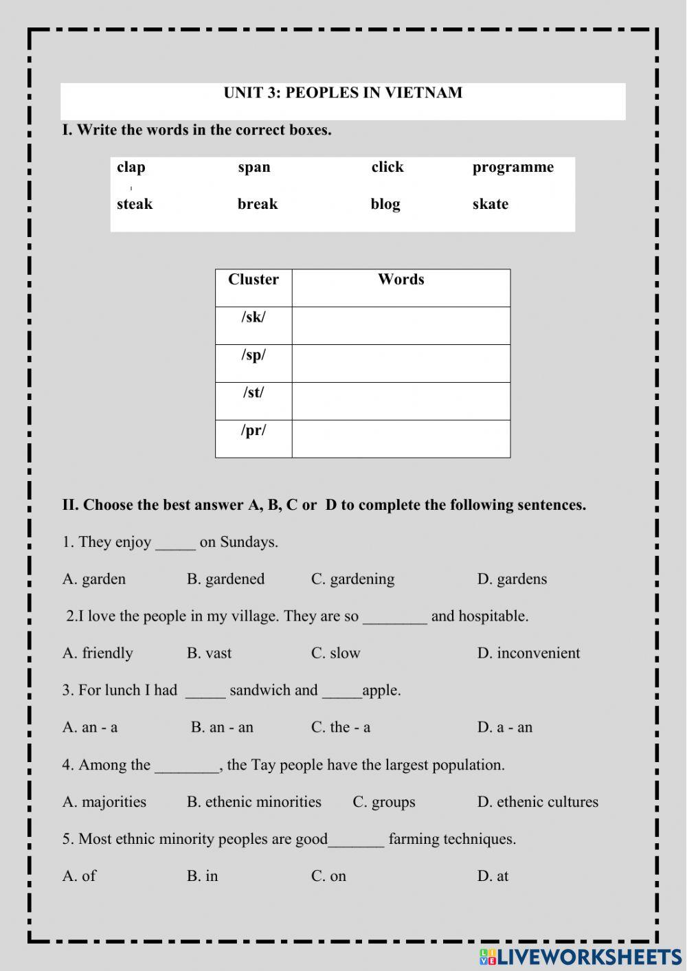 E8 Unit 3: Peoples of Viet Nam Test 2