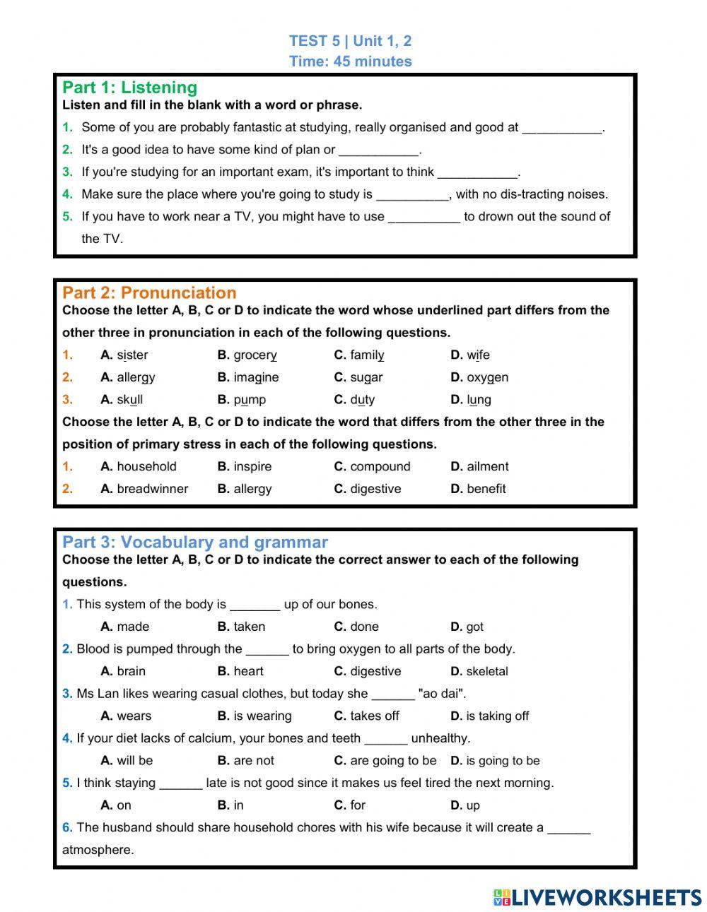 45 minute TEST 5 UNIT 1,2