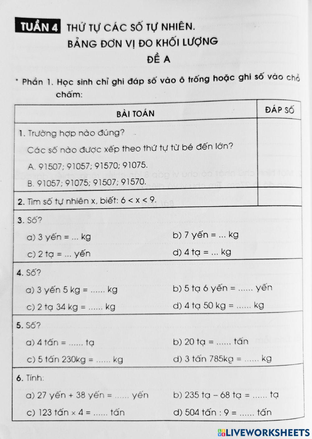 BT Toán cuối tuần 4