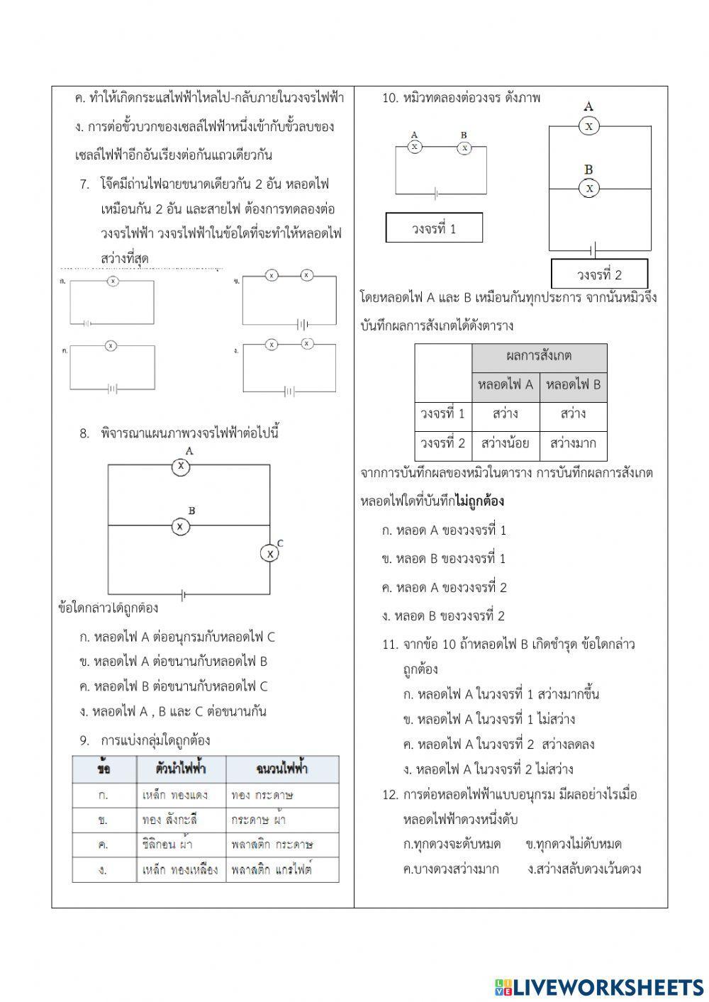 แบบทดสอบย่อยเรื่องไฟฟ้า ชั้นป.6