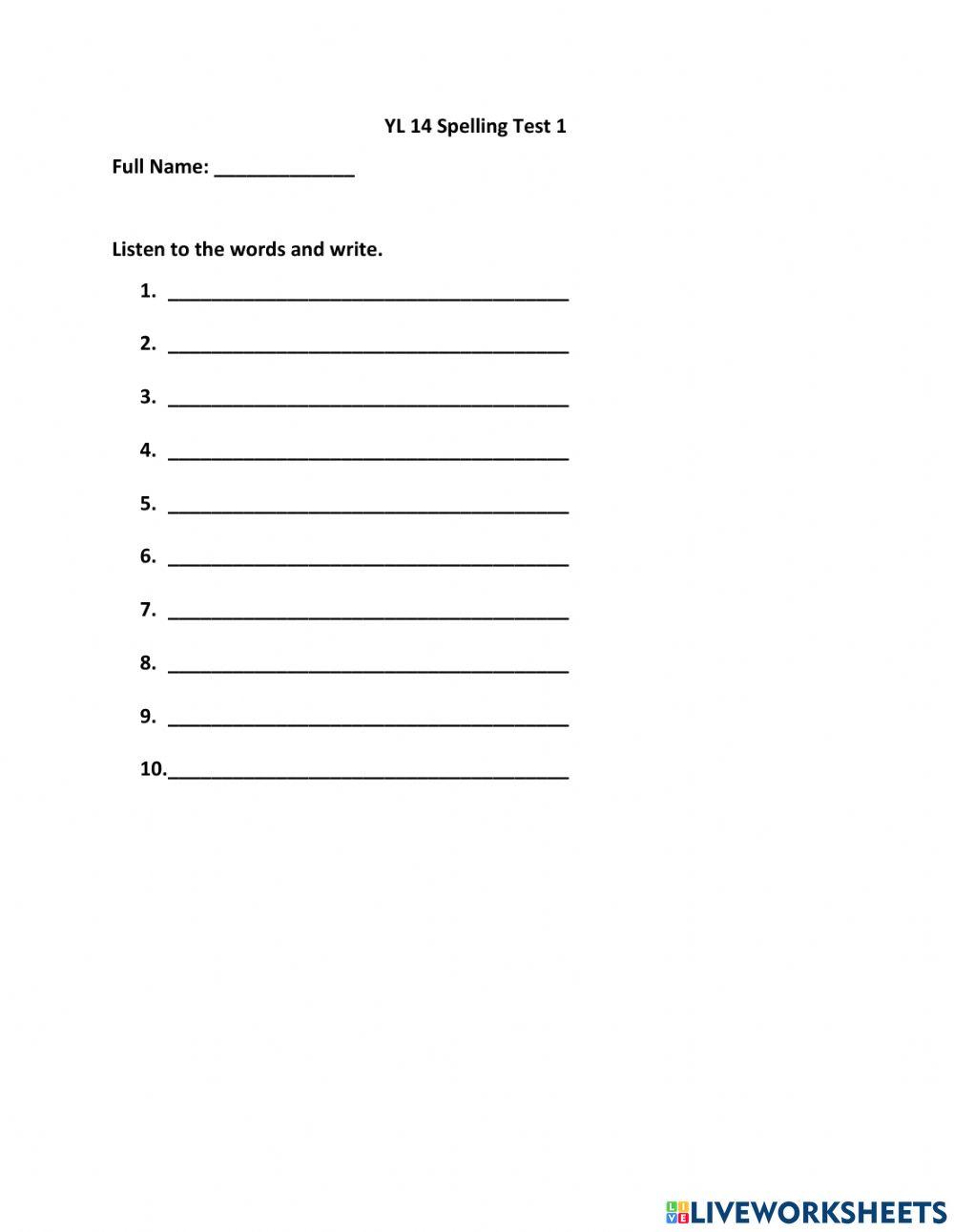 YL14 Spelling Test 1 Sheet