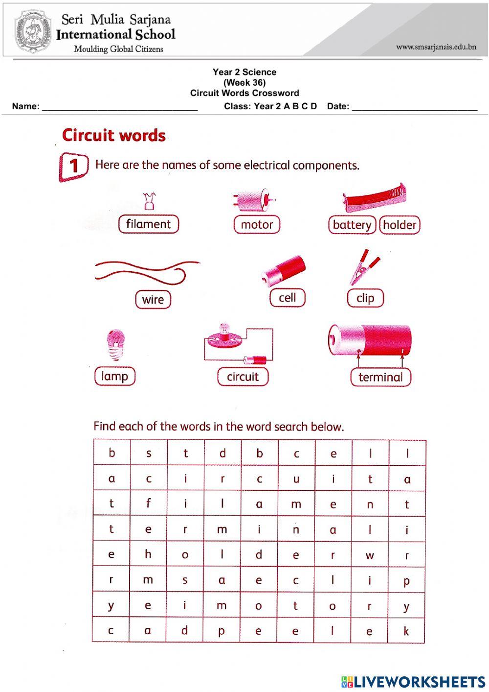 Electricity: Circuit Words Crossword online exercise for Live Worksheets