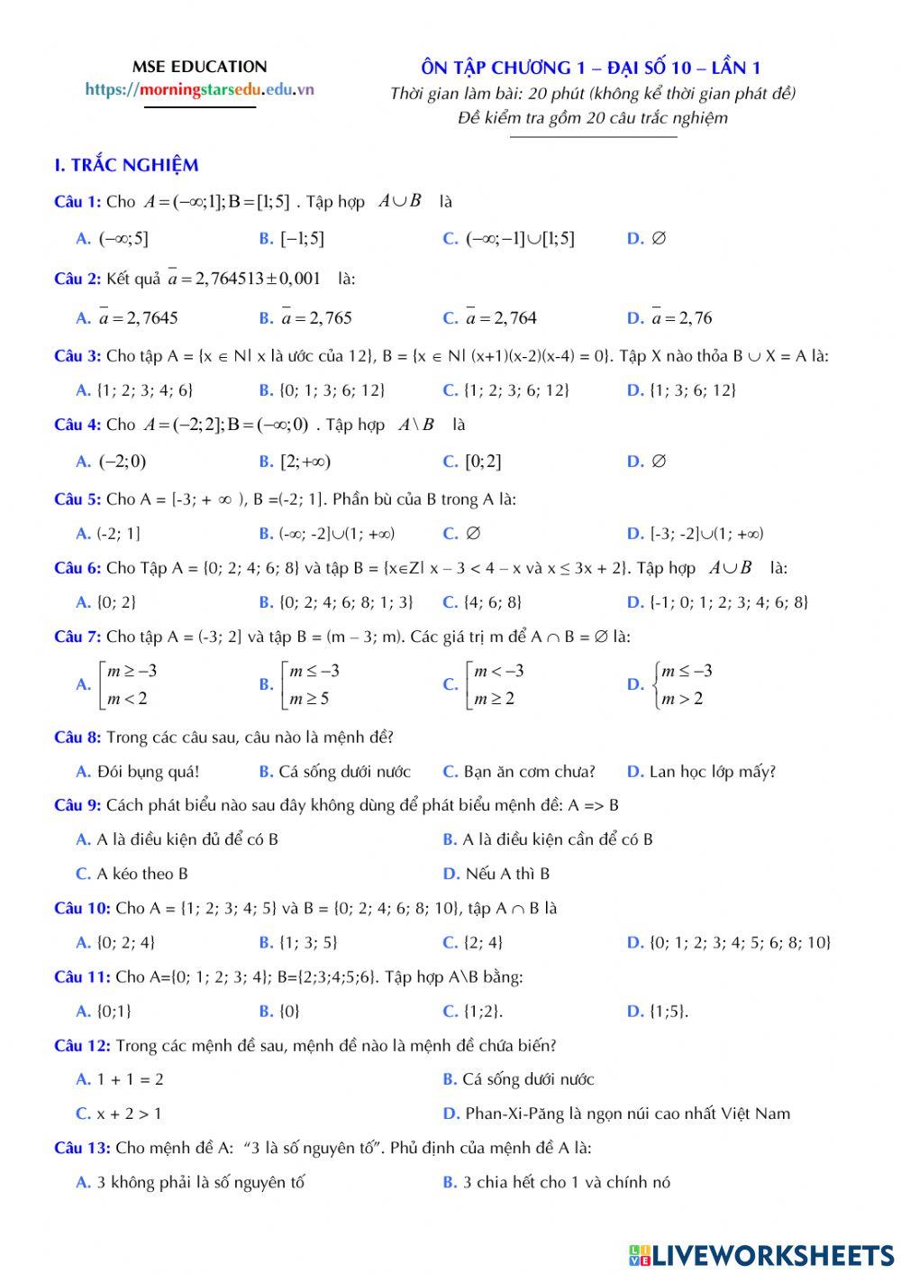 Ôn tập ĐS 10 - Chương 1