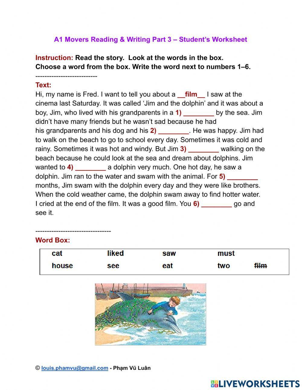A1 Movers Reading & Writing Part 3 – Student’s Worksheet