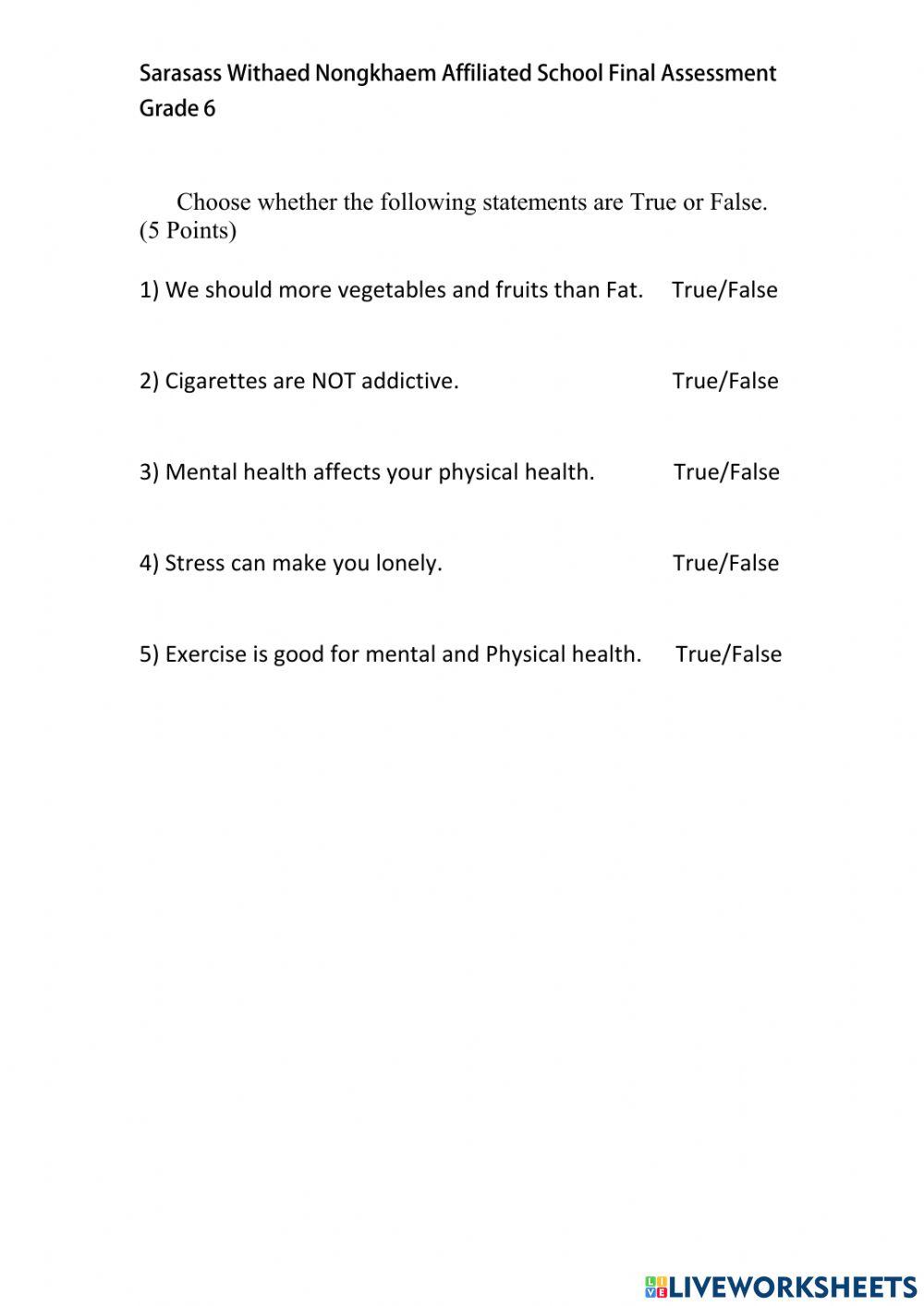 Grade 6 Health Final pt2 worksheet Live Worksheets