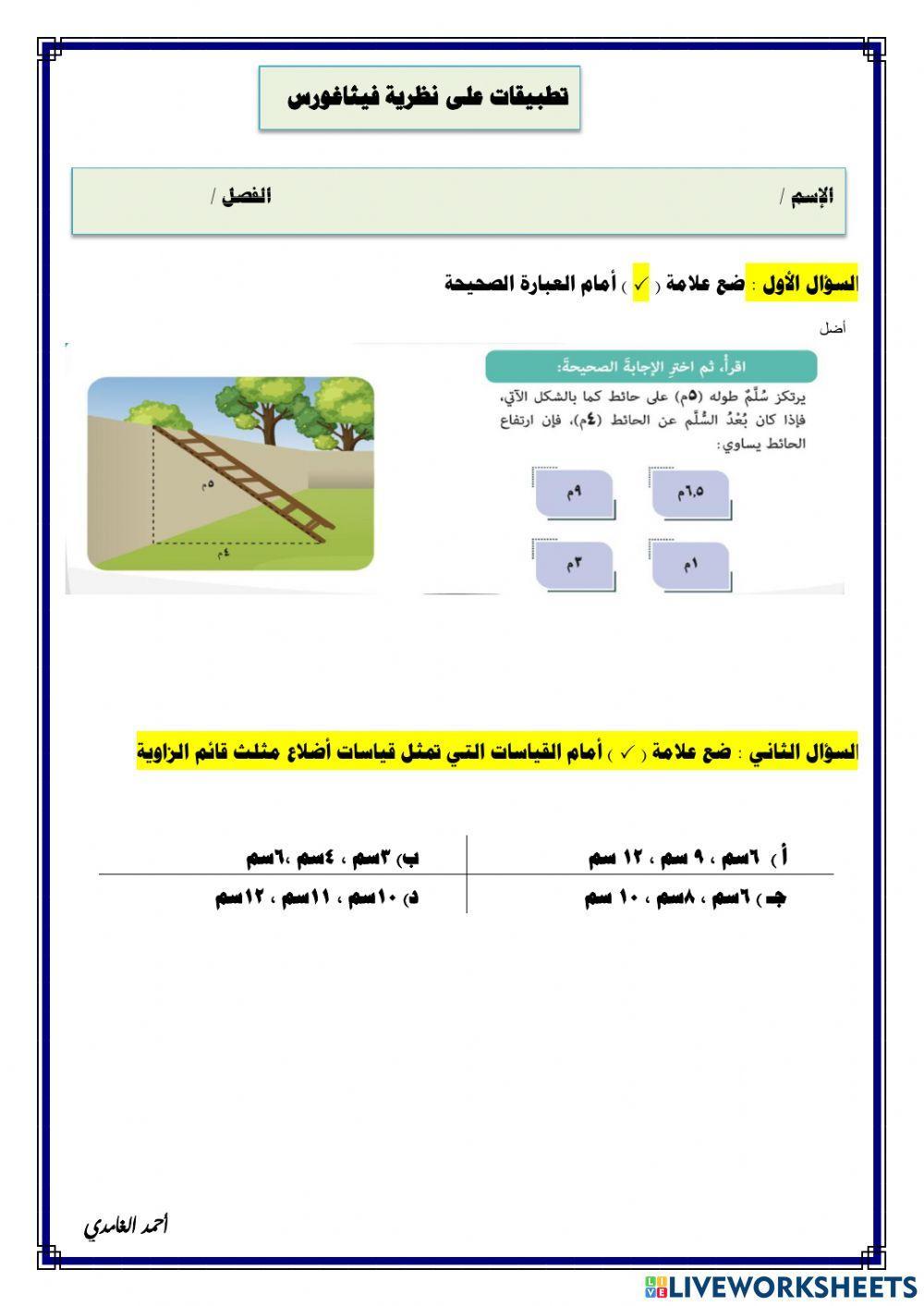 ورقة تفاعلية لدرس تطبيقات على نظرية فيثاغورس