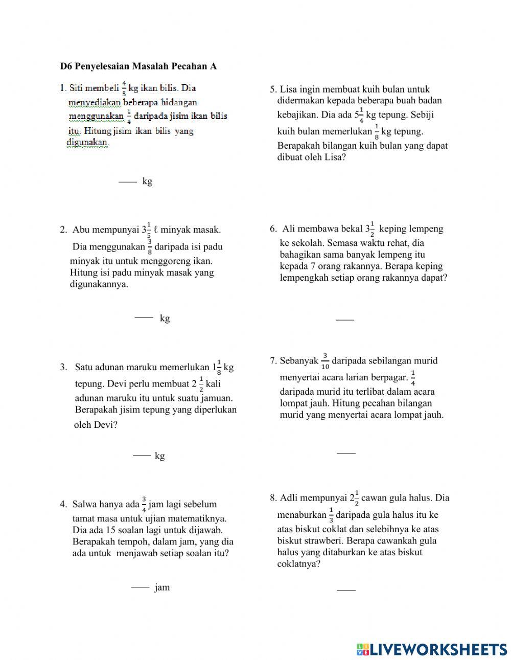 Matematik Tahun 6 : Masalah Pecahan A