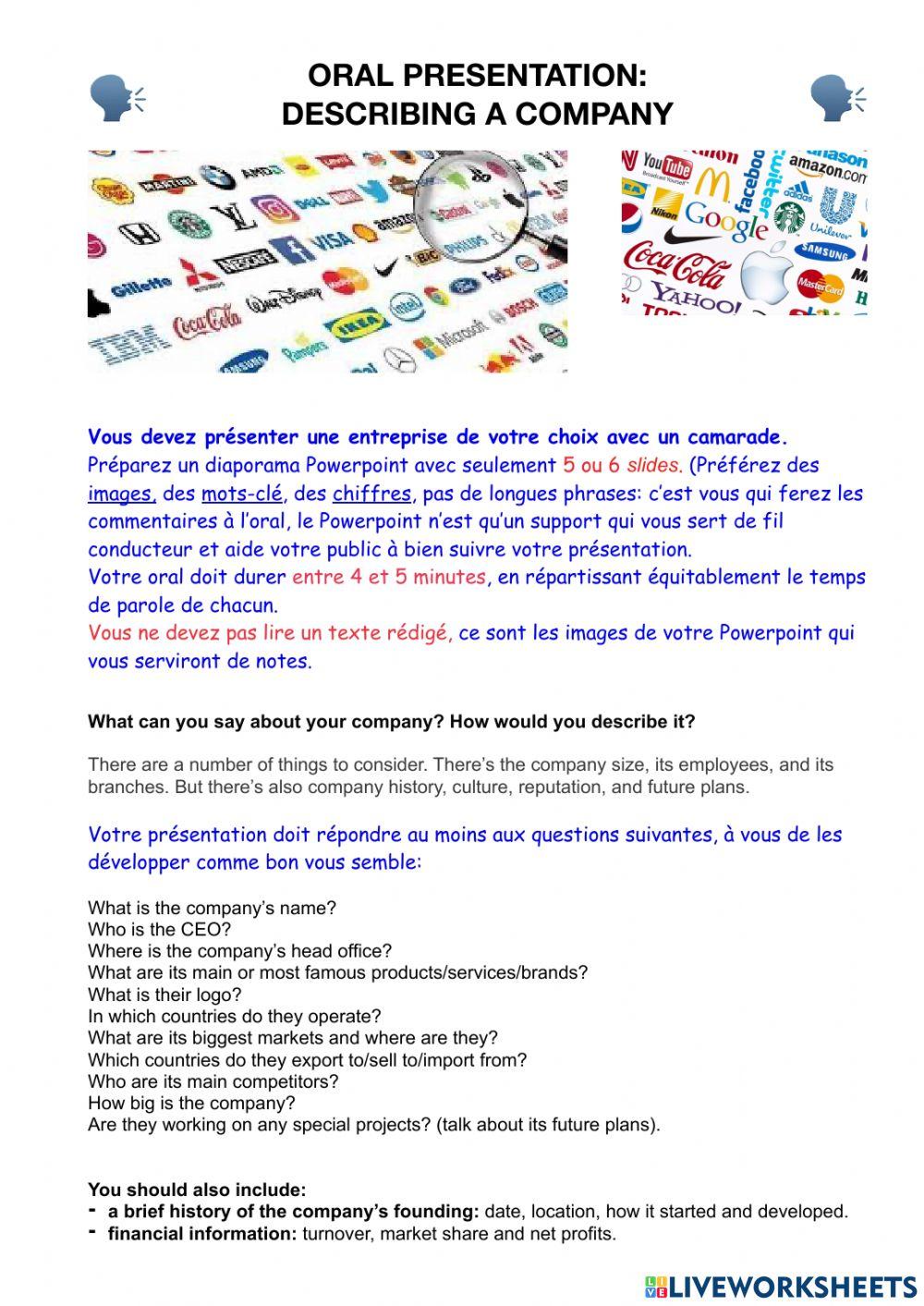 Oral presentation: describing a company