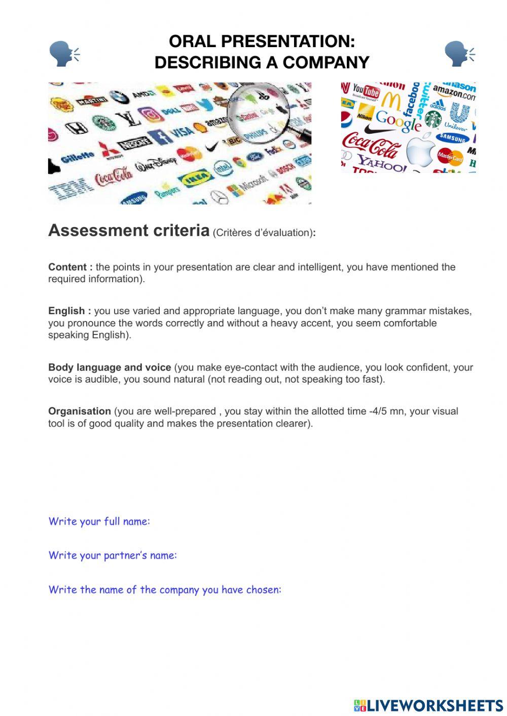 Oral presentation: describing a company