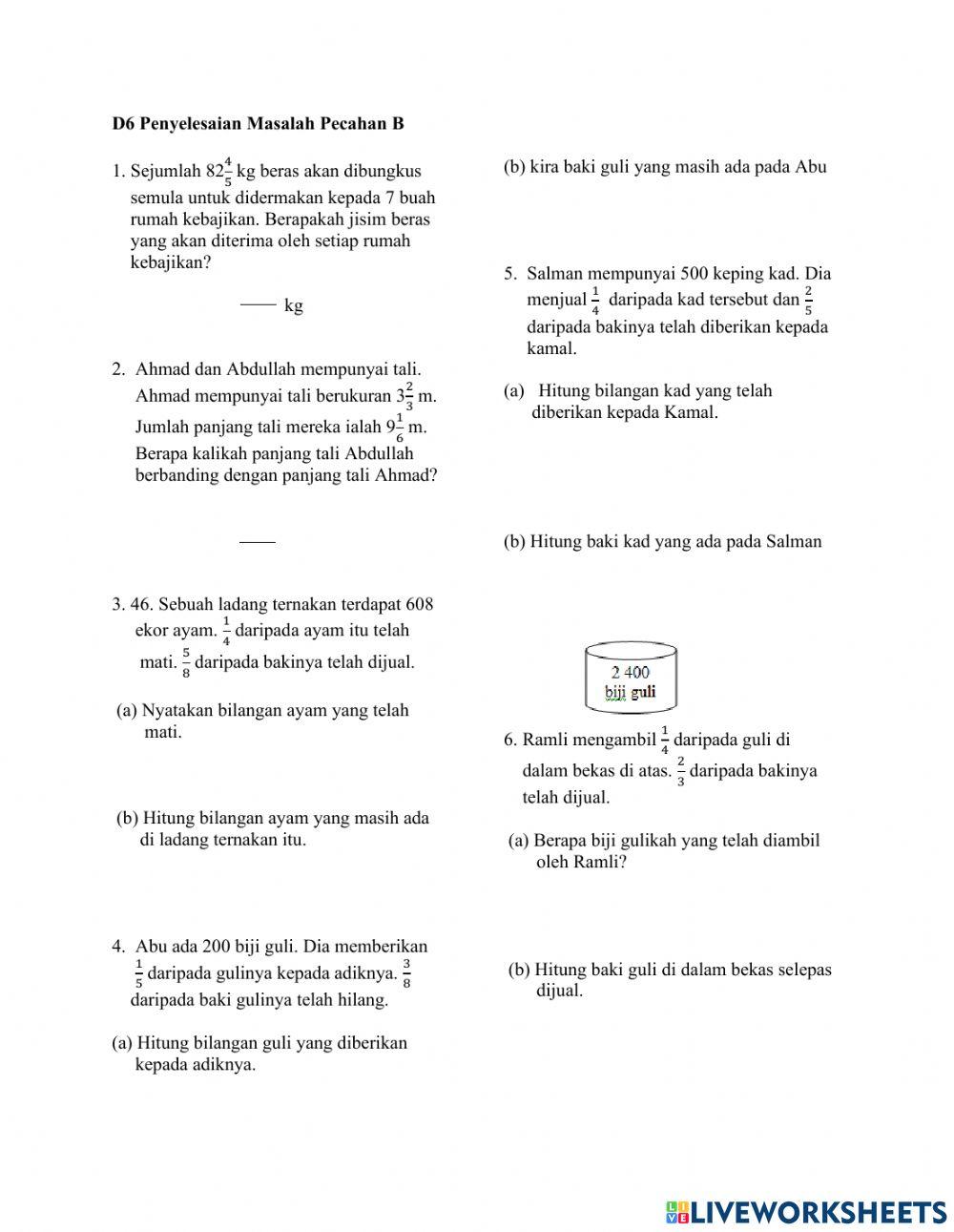 Matematik Tahun 6 : Masalah Pecahan B