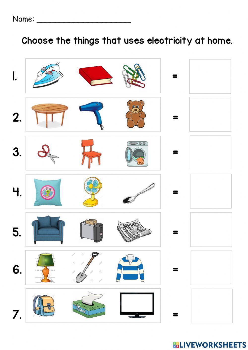 Things That Use Electricity Worksheet