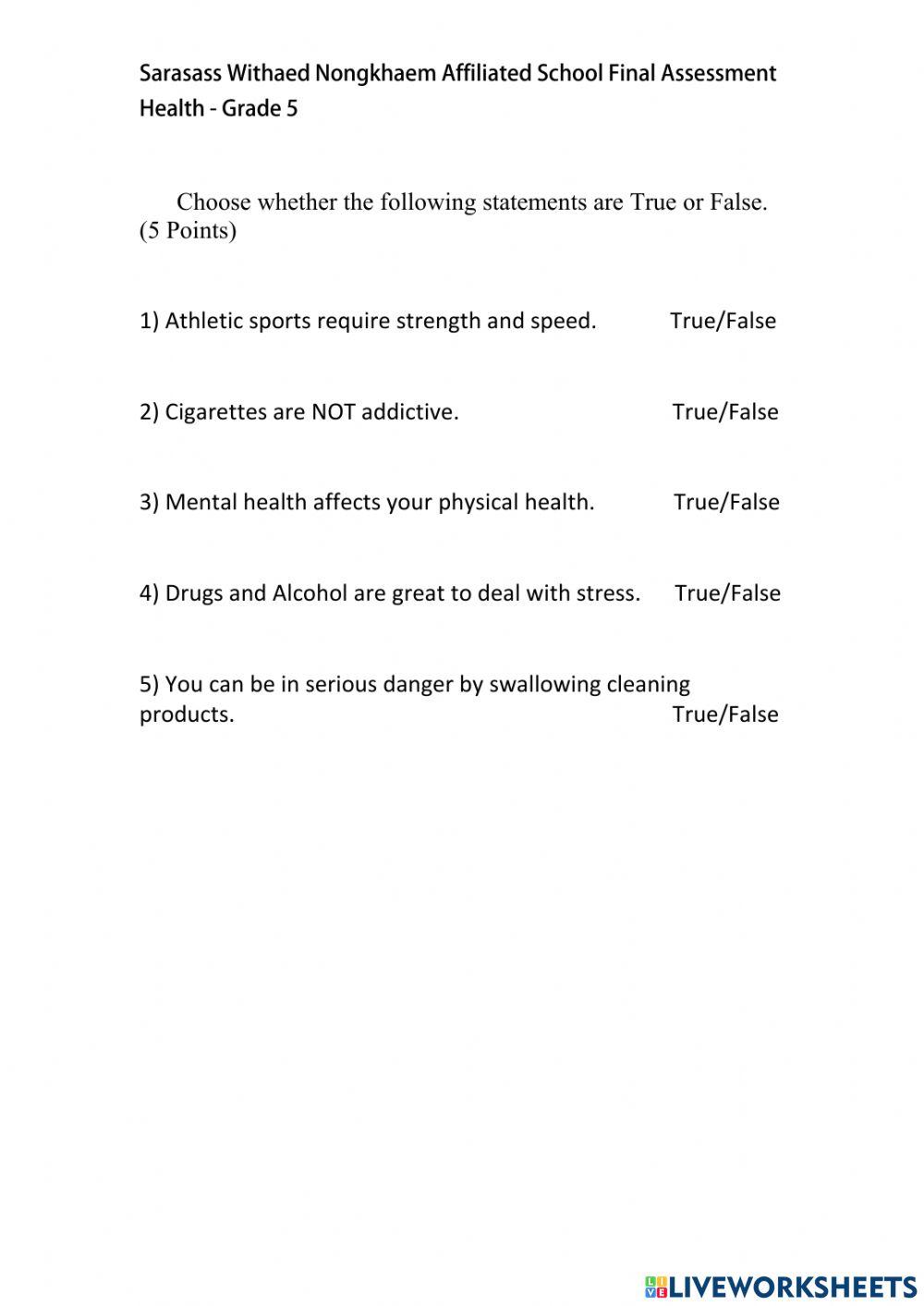 Grade 5 Health Final pt2 worksheet | Live Worksheets