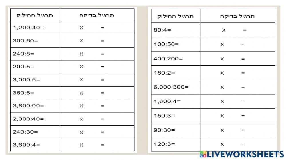חילוק ובדיקה בכפל עשרות שלמות