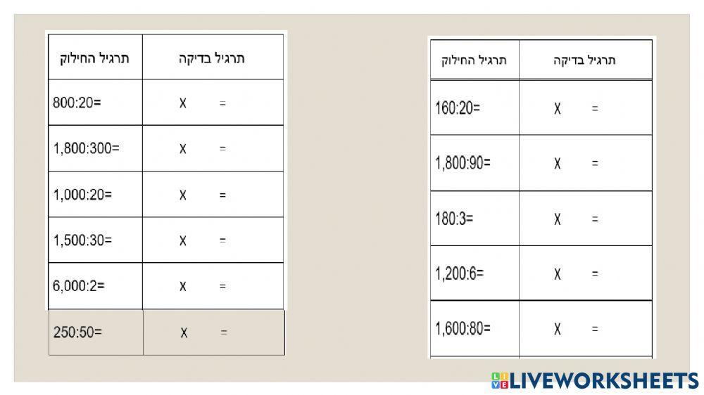 חילוק ובדיקה בכפל עשרות שלמות