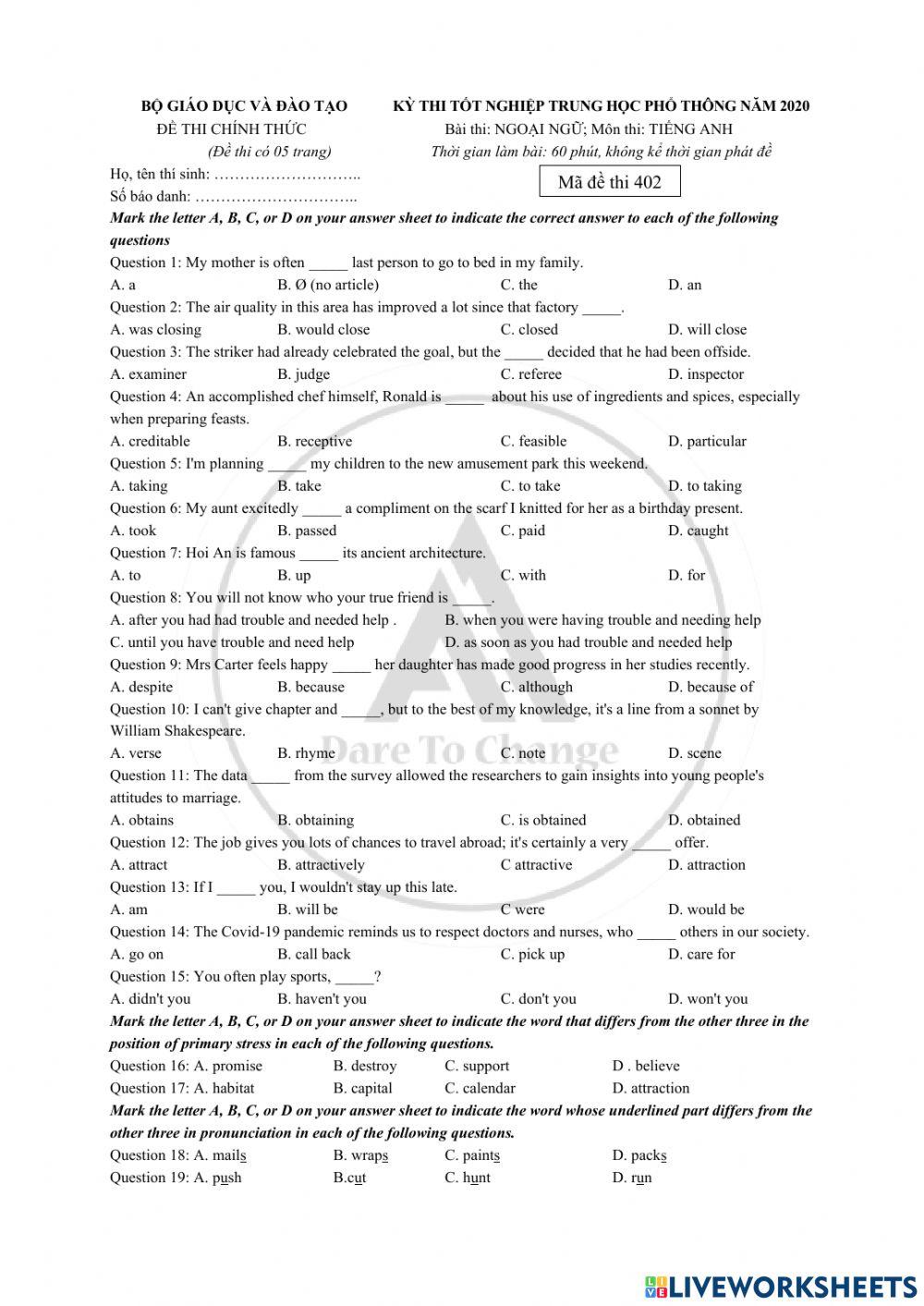  thpt qu c gia 2020 m 402 online exercise for live worksheets