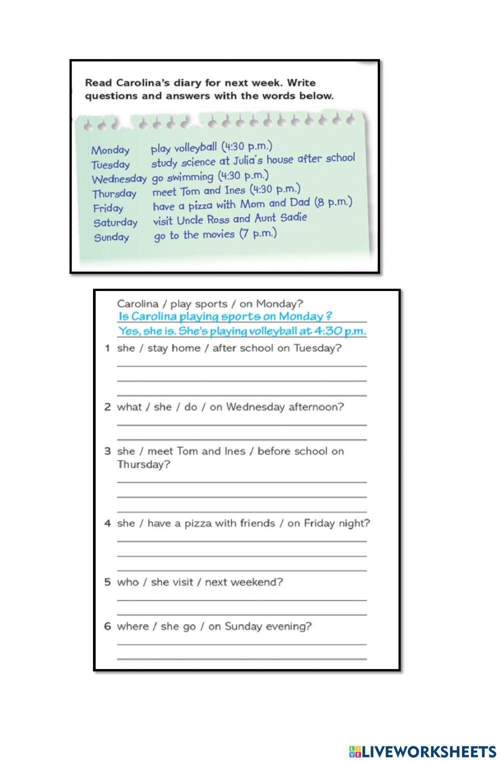 Questions and answers in present progressive for future.