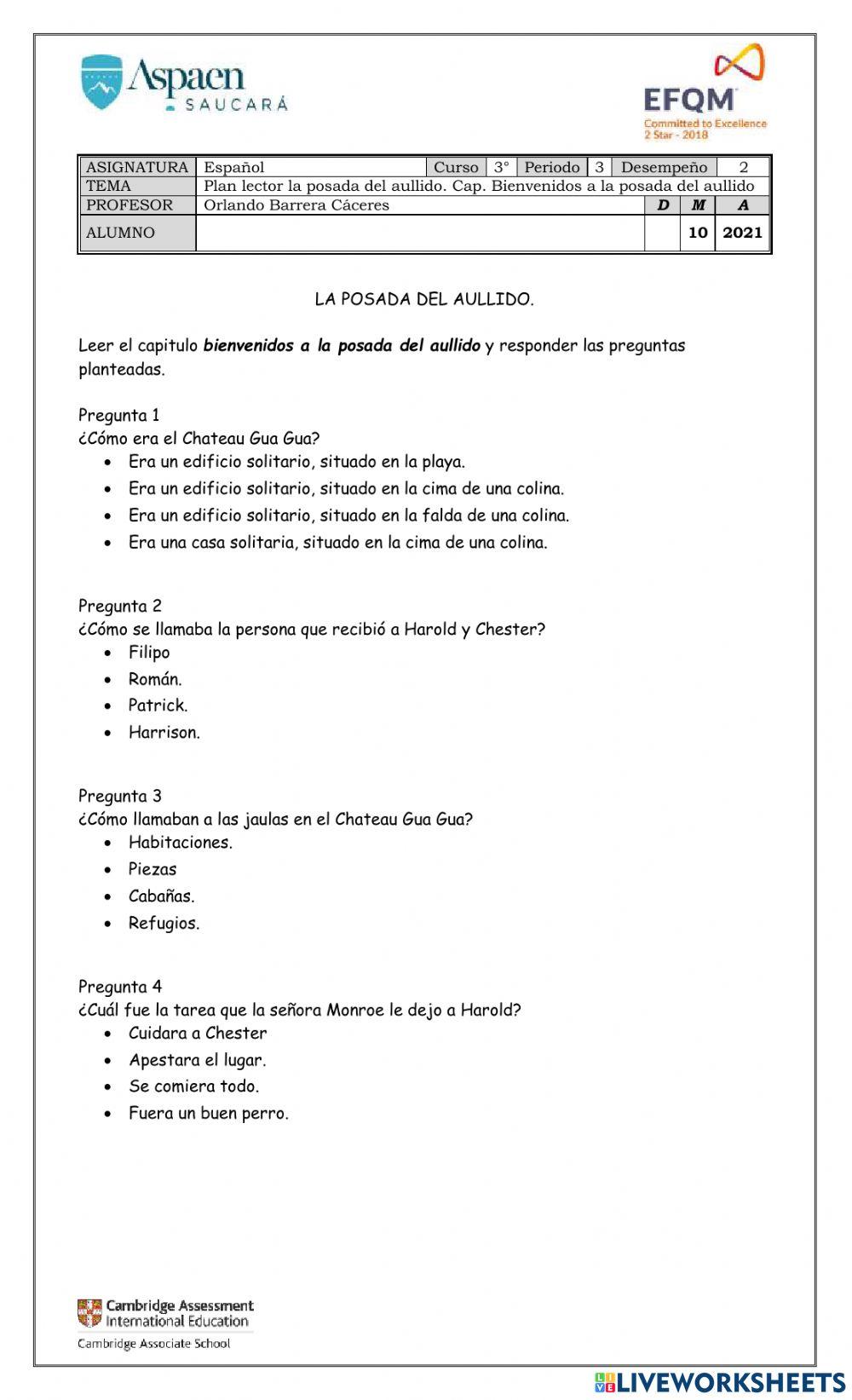 Plan lector. La posada del aullido. Cap. Bienvenidos a la posada del aullido