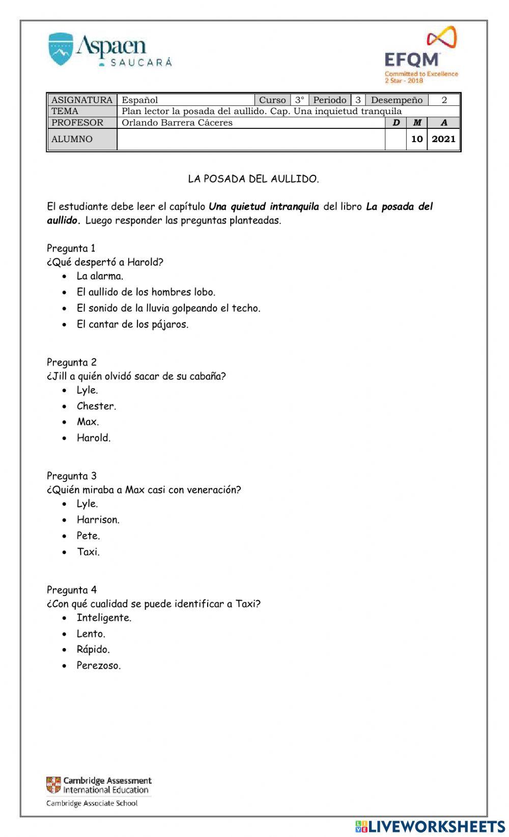 Plan lector. • La posada del aullido. Cap.3 Una quietud intranquila. Plan lector. • La posada del aullido. Cap.3 Una quietud intranquila.