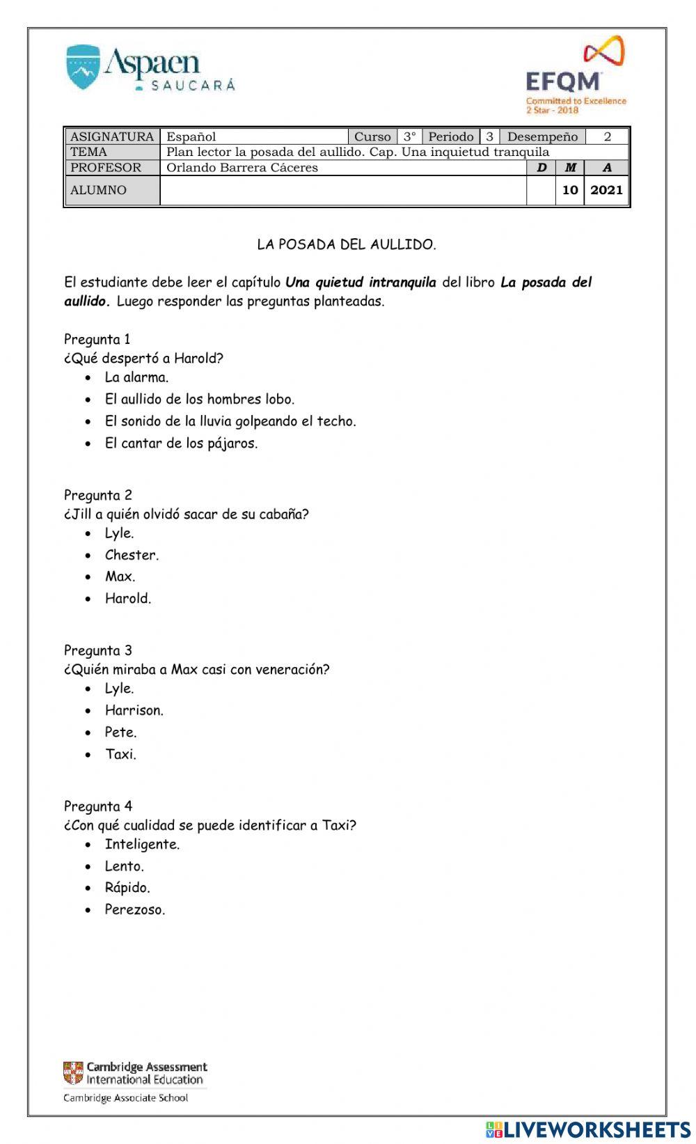 Plan lector. •	La posada del aullido. Cap.3 Una quietud intranquila.