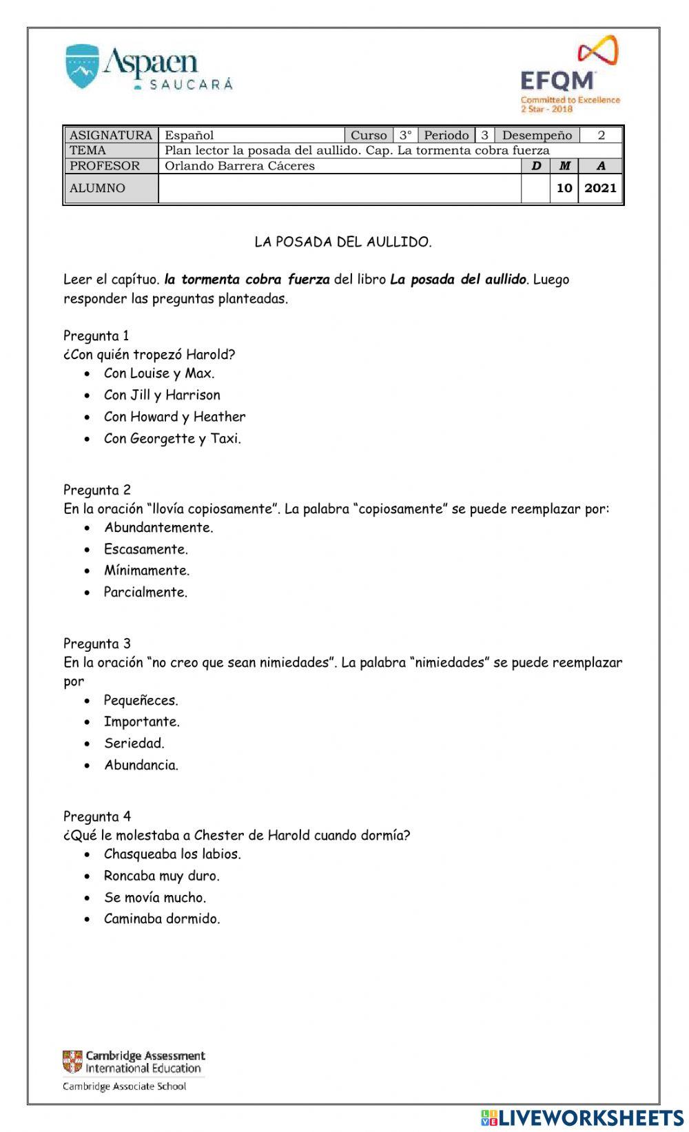 Plan lector. •	La posada del aullido cap. 4 la tormenta cobra fuerza.