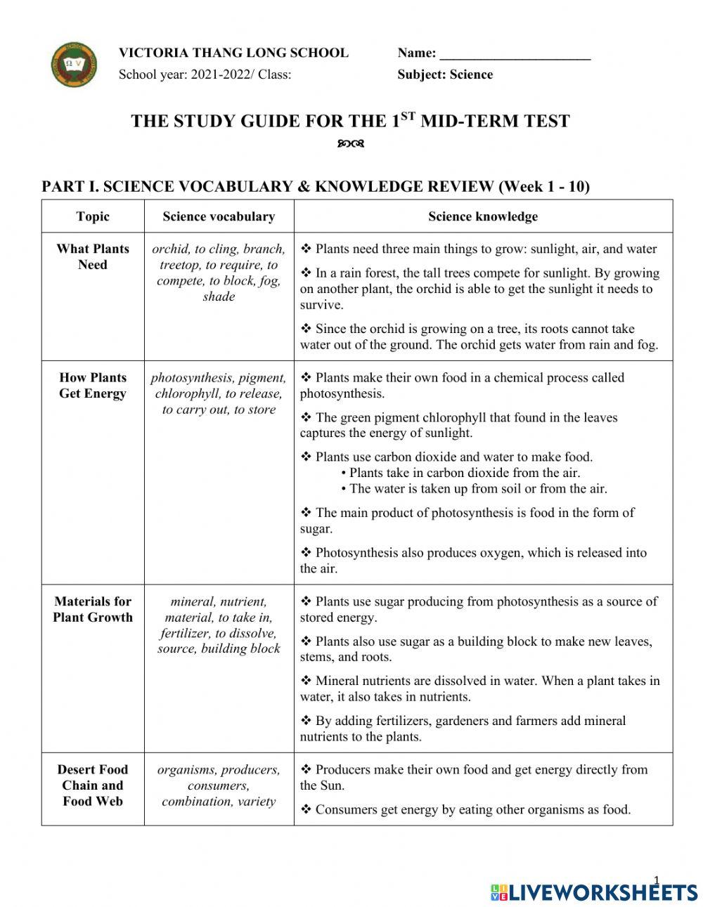 7CLC-science-study guide worksheet | Live Worksheets