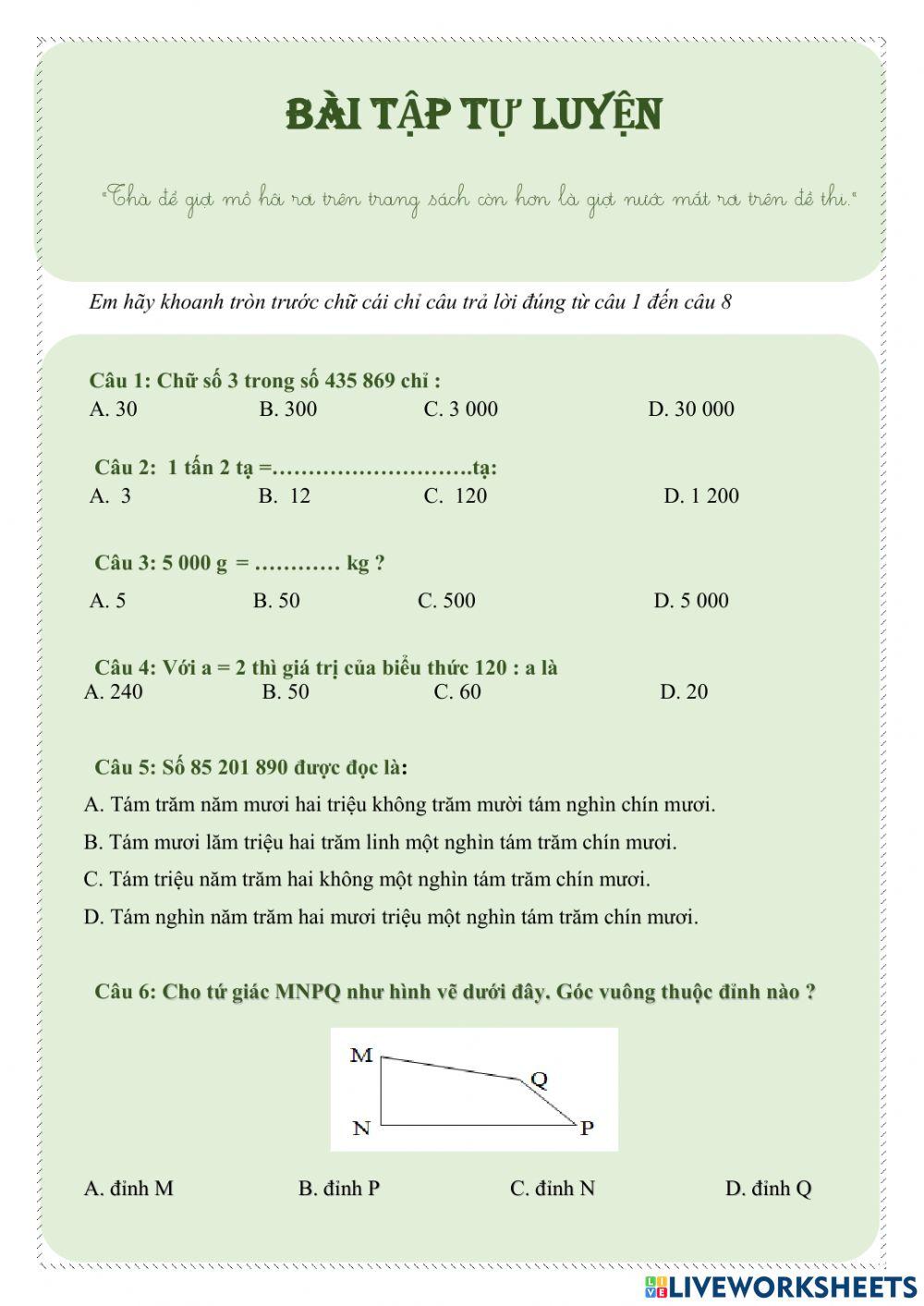 Bài tập tự luyện toán