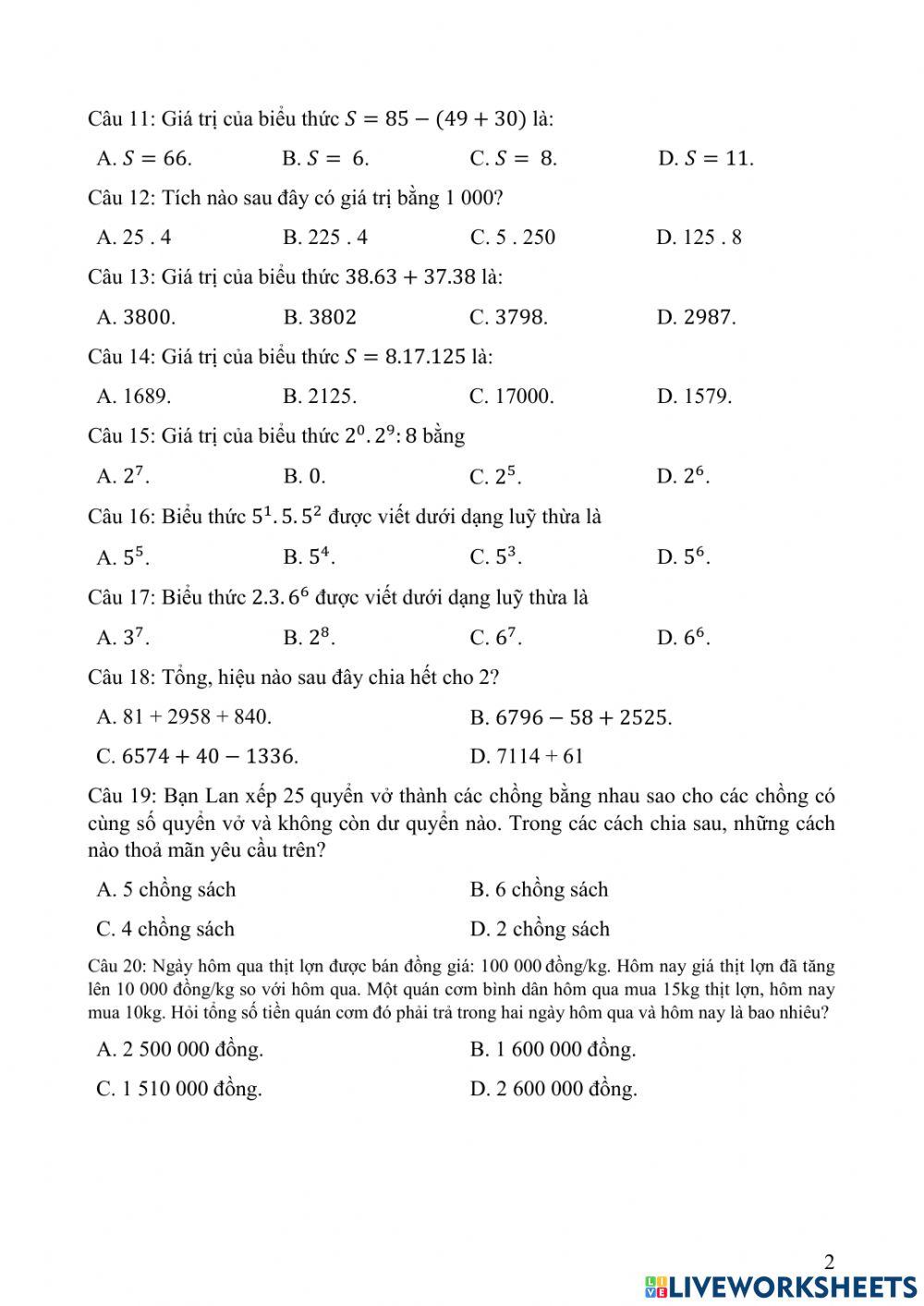 Kiểm tra môn toán 15 phút