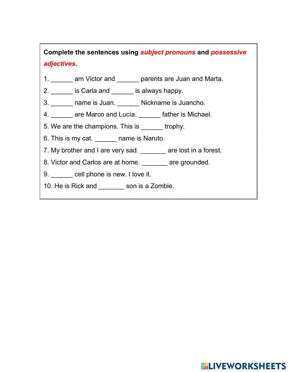 Worksheet (verb to be - subject pronouns - possessive adjectives)