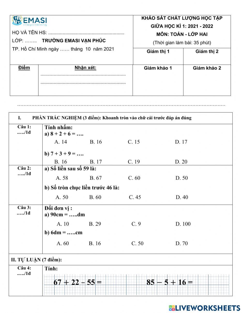Khảo sát chất lượng học tập giữa hk1 - lớp 2 - môn toán