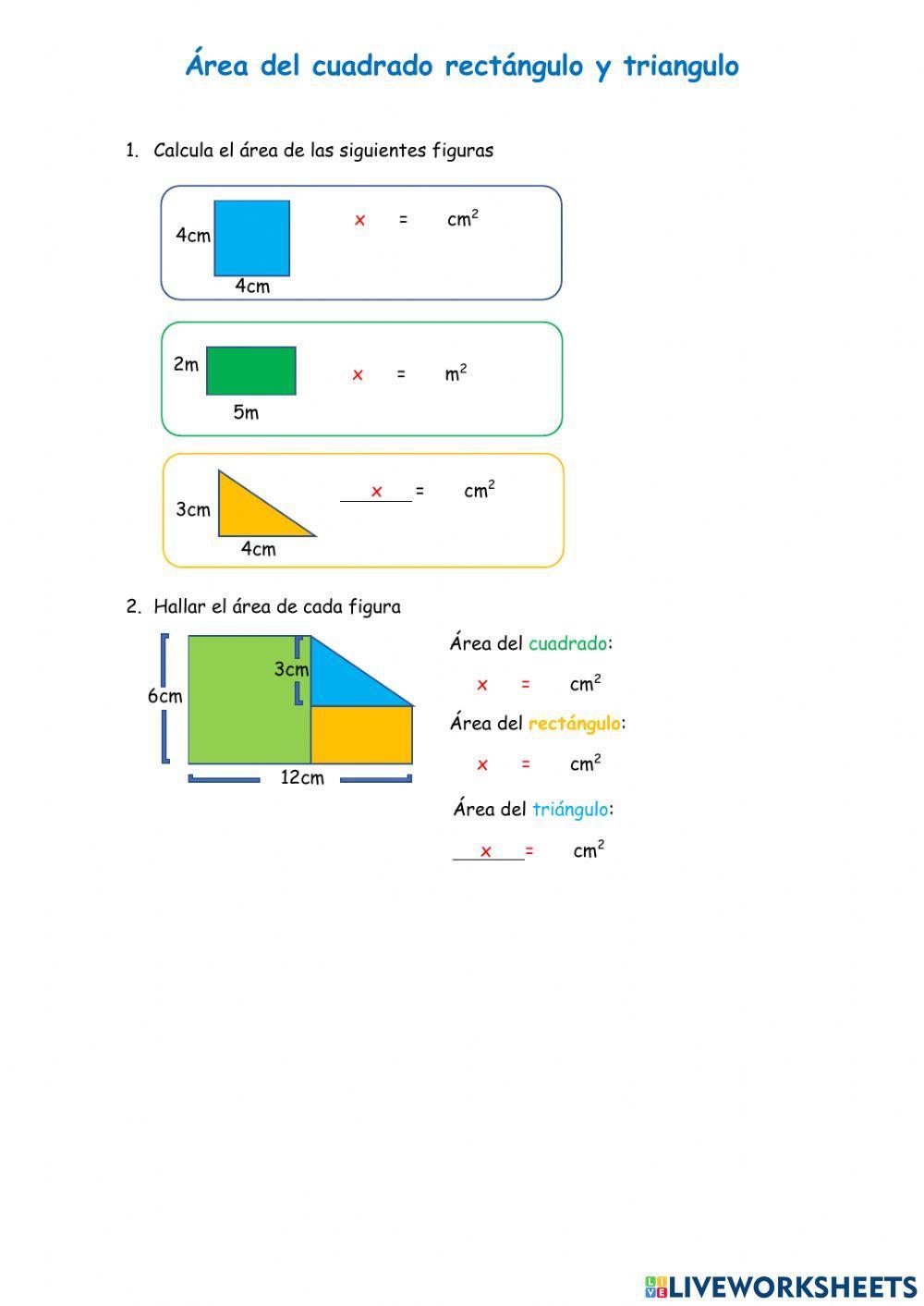 Areas de cuadrado rectangulo y triangulo