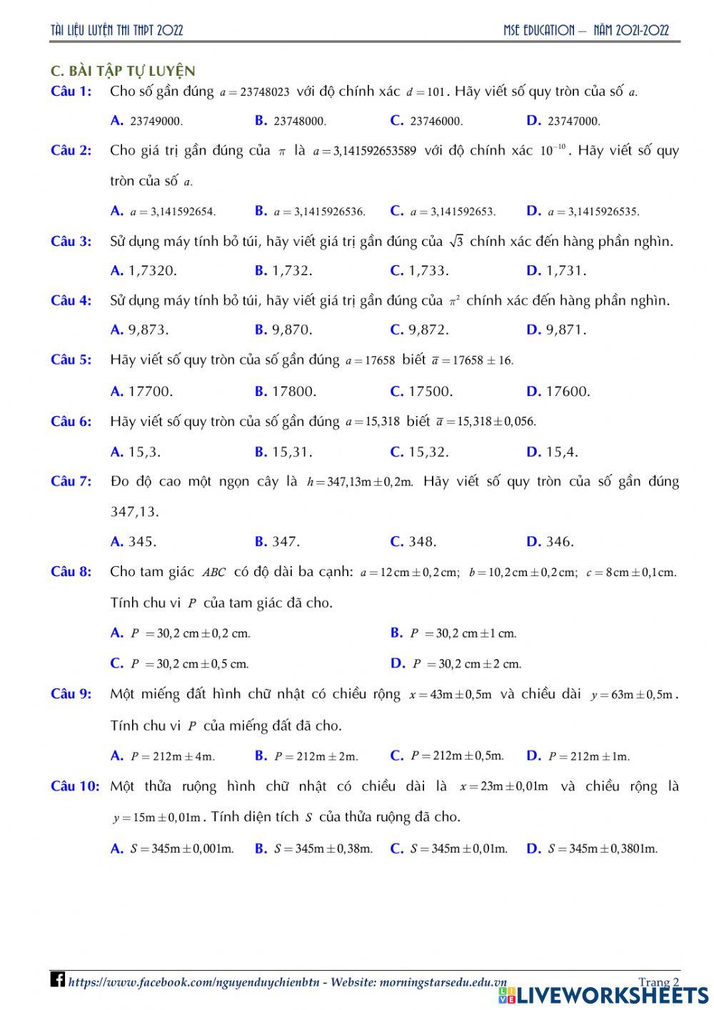 Đại số 10 - Luyện tập quy tròn số