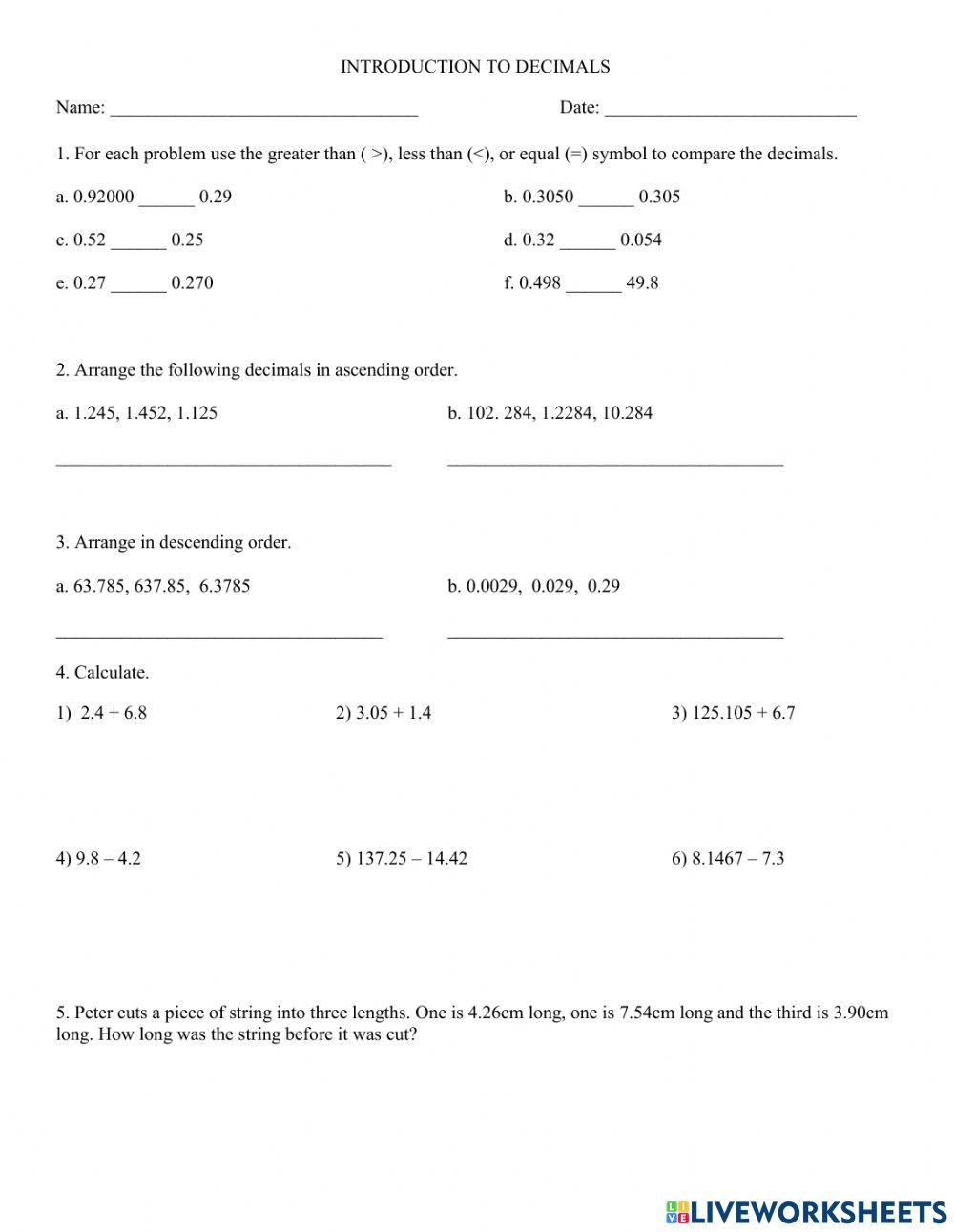 DECIMALS: COMPARE, ORDER, ADD - SUBTRACT DECIMALS