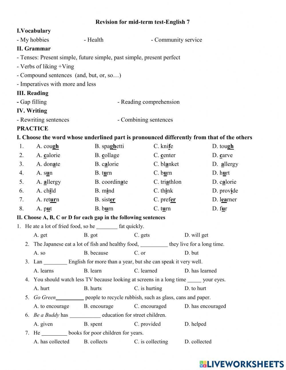 Grade 7- Mid Term Test