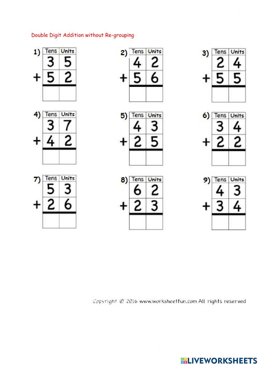 Double digit addition class 1 online exercise for live worksheets