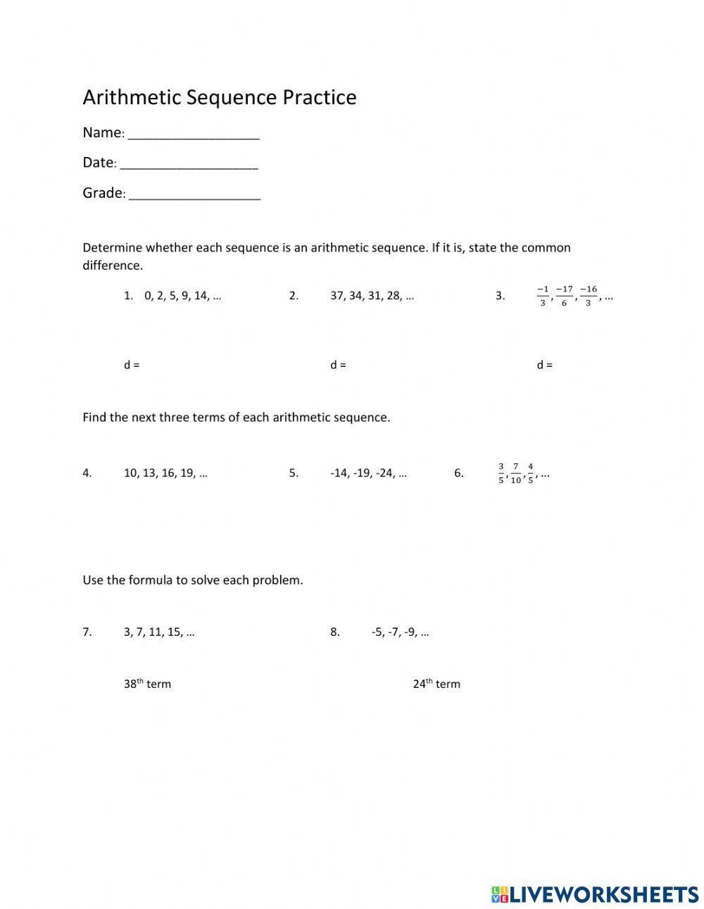 Arithmetic Sequences online exercise for | Live Worksheets
