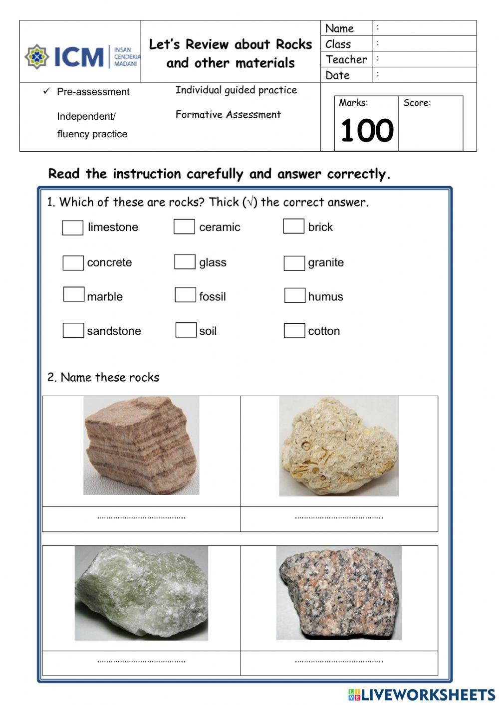Rocks and other materials worksheet Live Worksheets