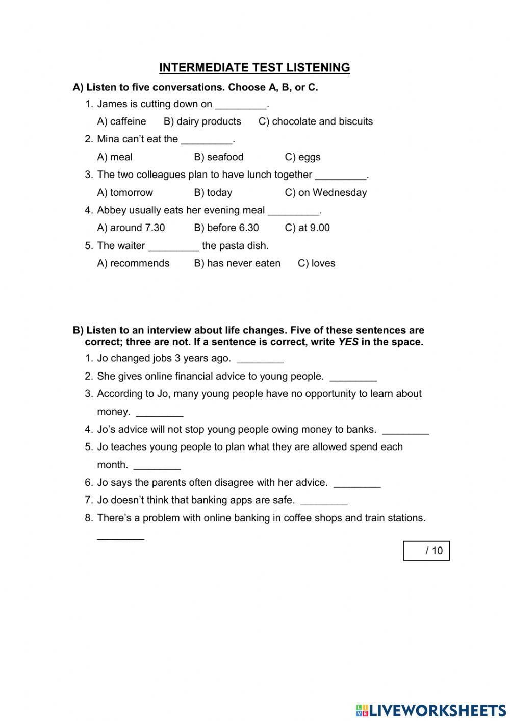 Intermediate Listening test October 2022