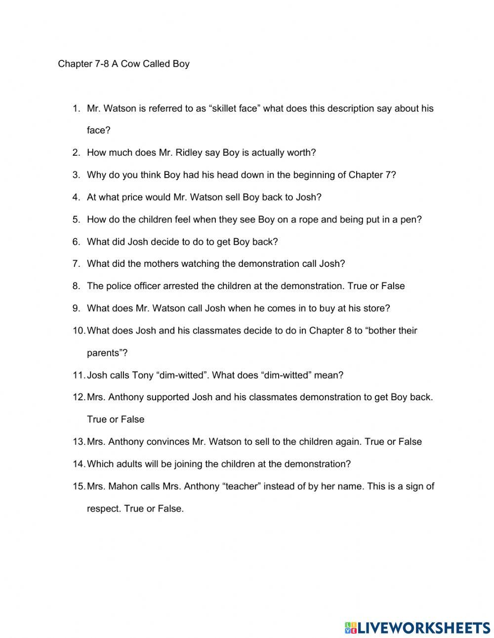 A Cow Called Boy Chapters 7-8 Questions