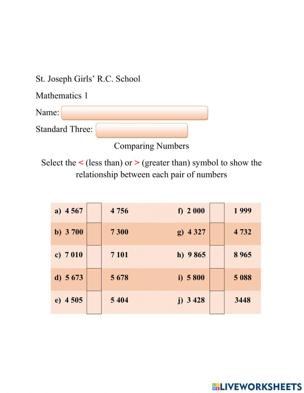 Comparing Numbers STD3 online exercise for | Live Worksheets