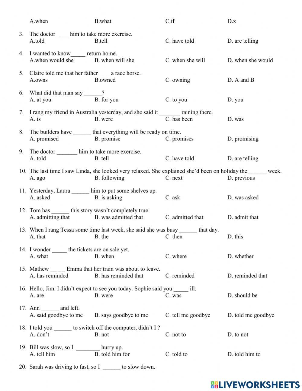 Reported Speech online exercise for 9 | Live Worksheets