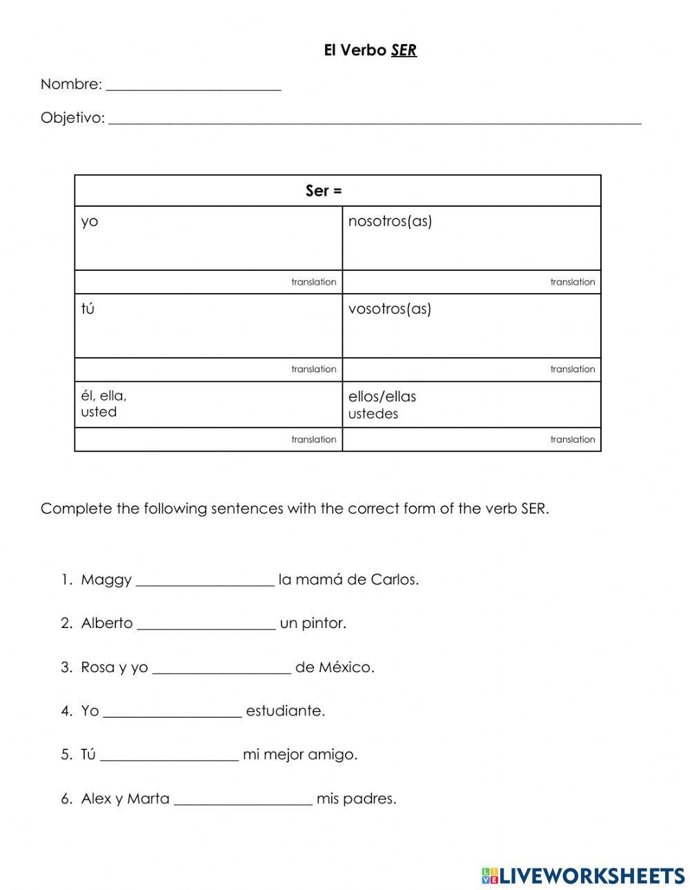 El verbo ser exercise Live Worksheets