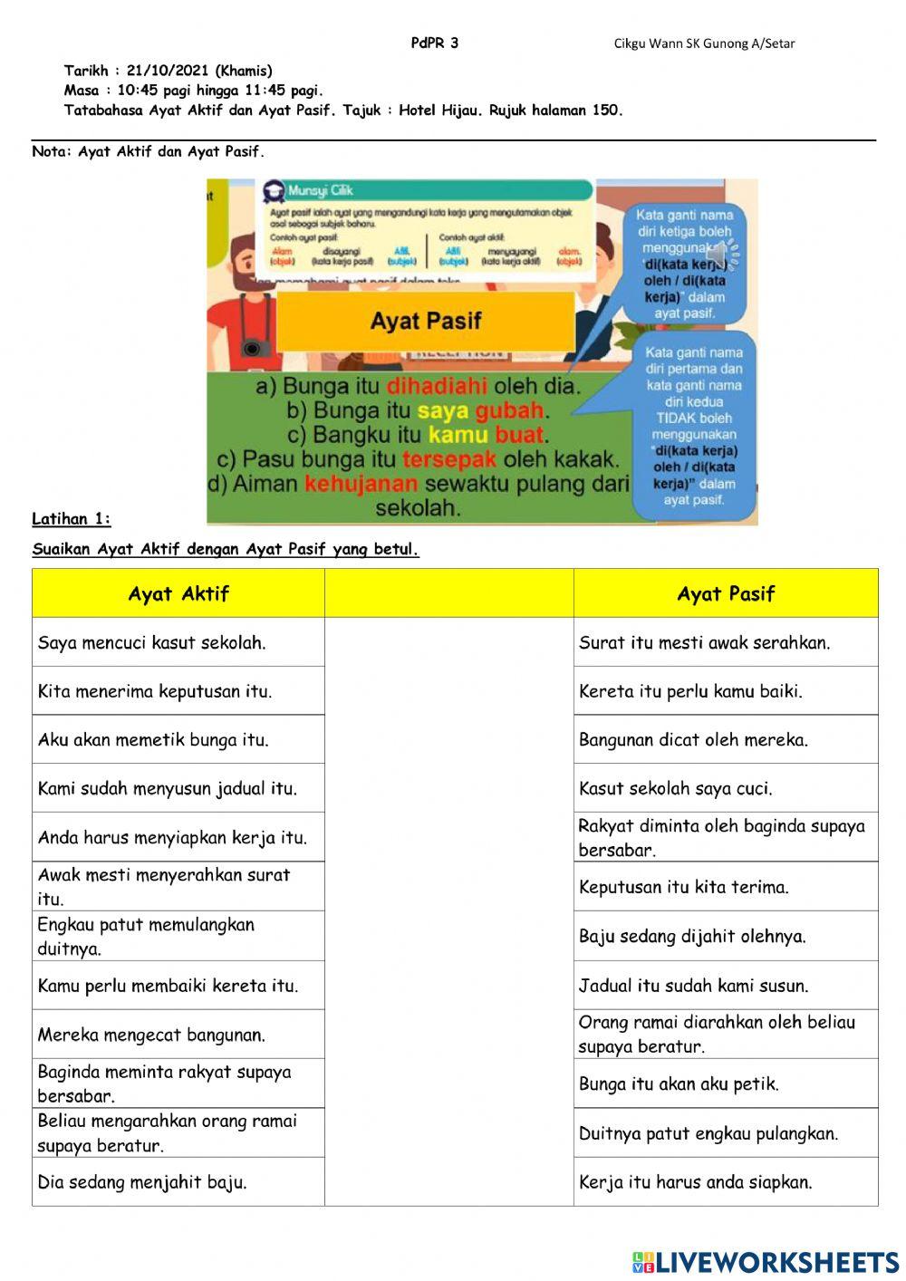 Latihan 1 : Ayat Aktif dan Ayat Pasif