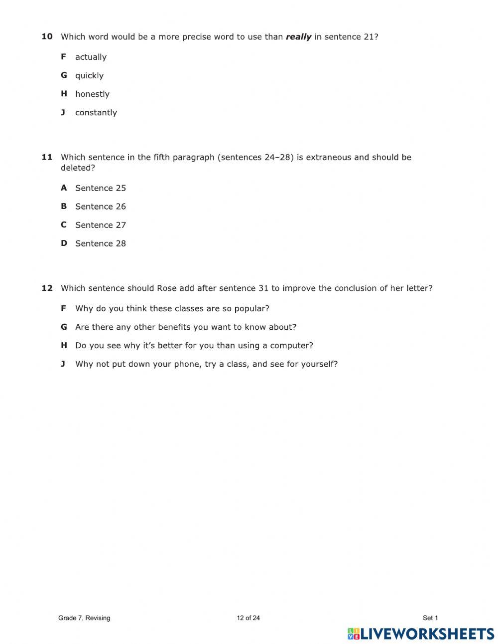 Revision Worksheet - Grade 9