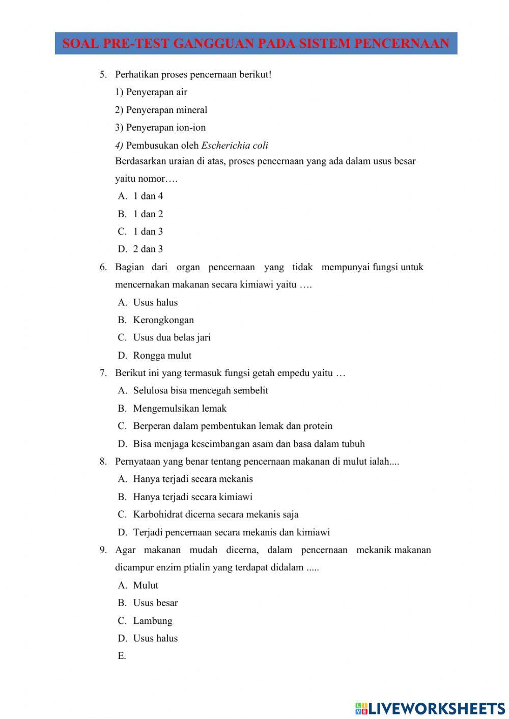 Soal pretest gangguan pencernaan