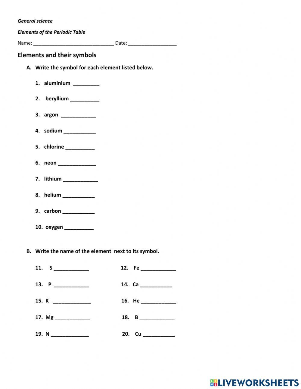 Elements and their symbols worksheet | Live Worksheets elements-and-their-symbols-worksheet-live-worksheets