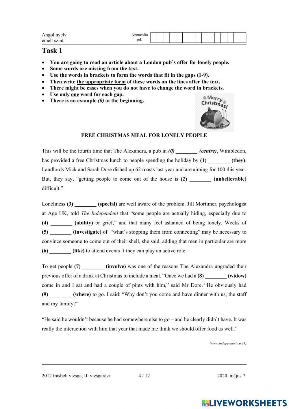 Emelt érettség 2020 május 7. Task 1.