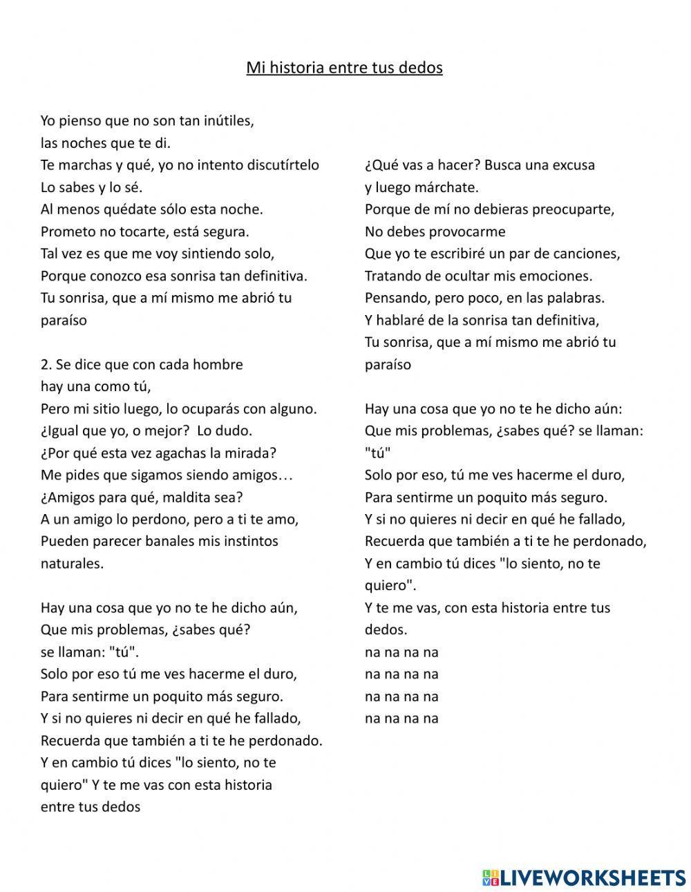 Mi corazón entre tus dedos. Lectura y preguntas