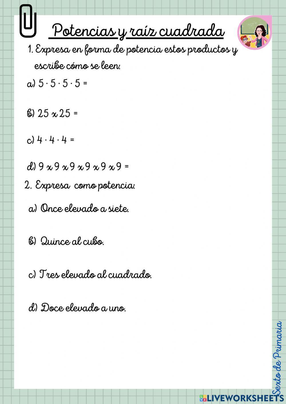 Potencias y raíz cuadrada